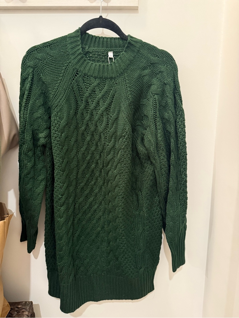 Green Cable Knit Crewneck Sweater Dress